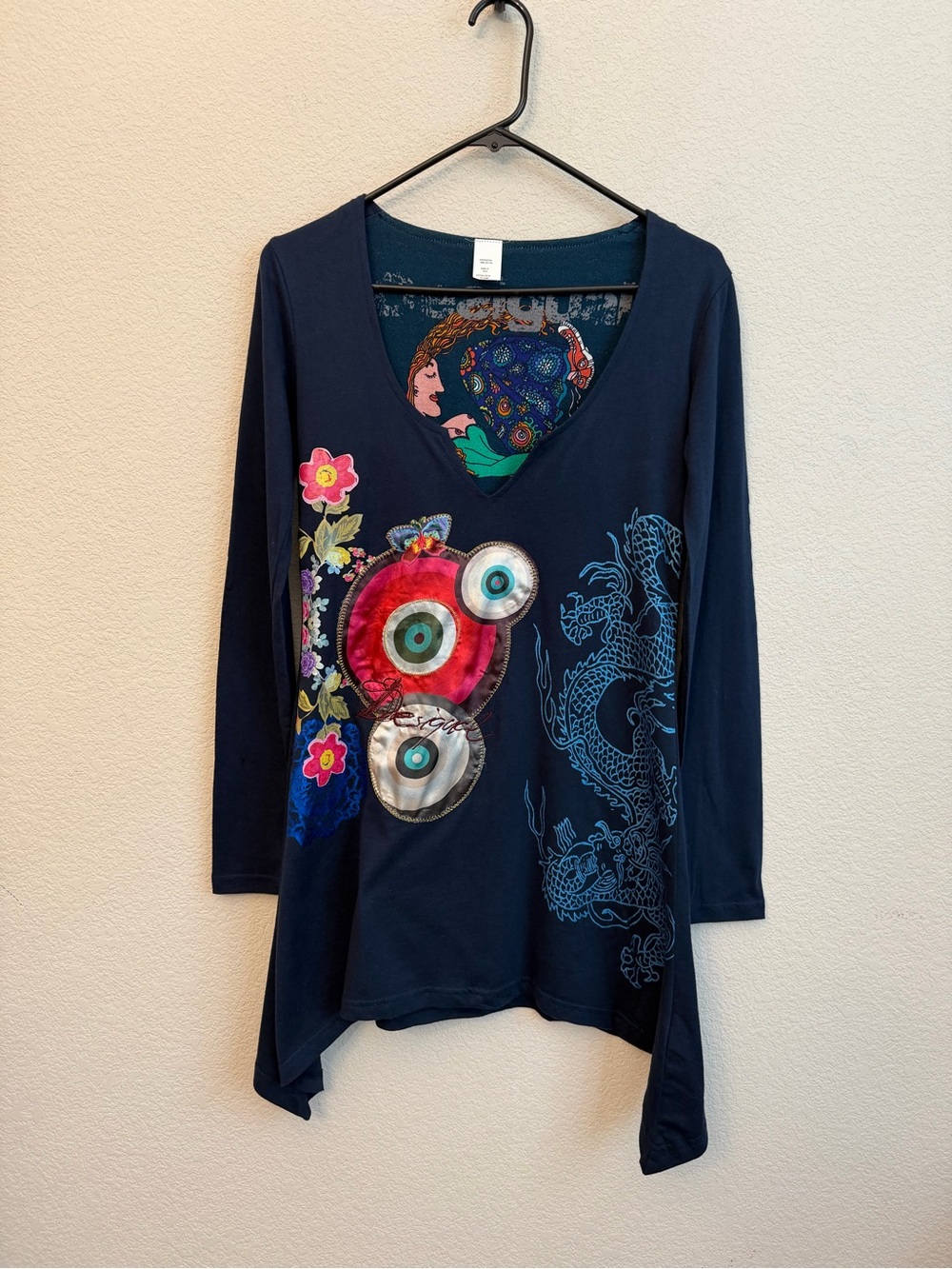 Desigual Art To Wear Asian Fusion Navy V-Neck Long Sleeve Tunic shark bite hem S